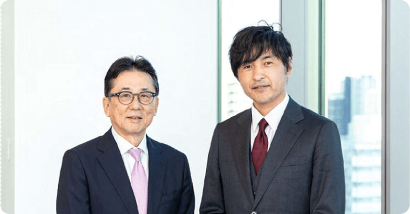 （左）三菱食品 代表取締役社長　京谷 裕 氏（右）Hacobu代表取締役社長 CEO 佐々木 太郎