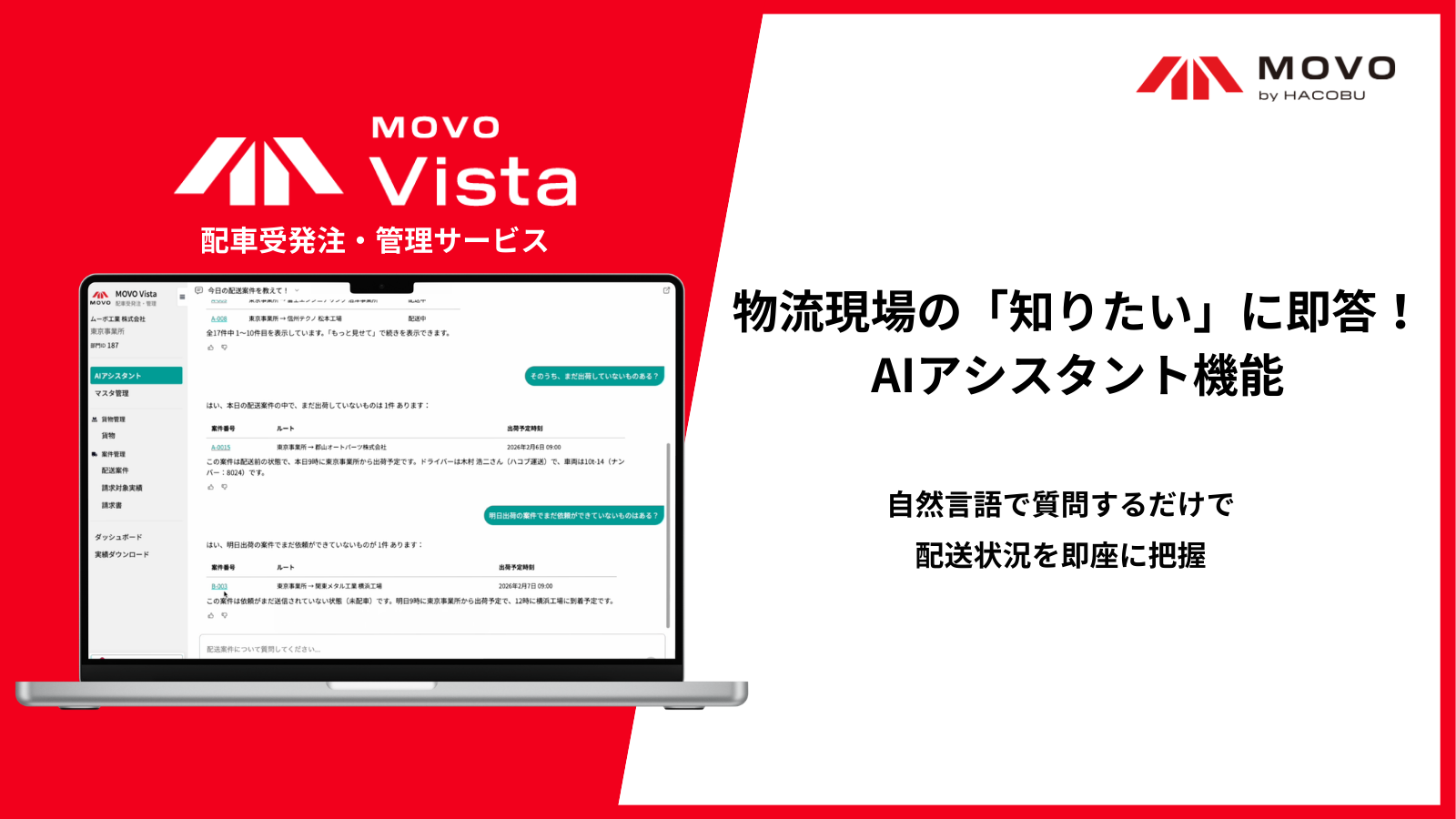 Hacobu、配車受発注・管理サービス「MOVO Vista」にAIアシスタント機能